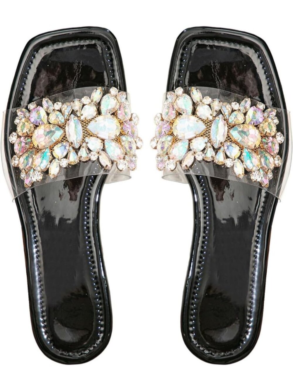 Women's Black Rhinestone Flats Square Toe Slides Sparkle Transparent Shoes